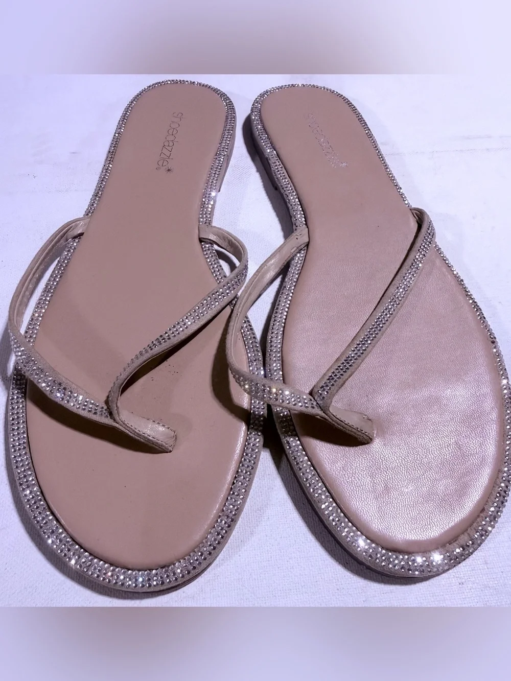Shoe Dazzle Beige Rhinestone Toe-Loop Sandals